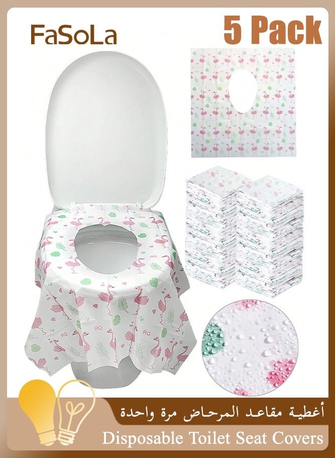 Fasola Disposable Toilet Seat Covers, 5 Pcs Toilet Seat Covers, Waterproof Non-woven PE Film Disposable Toilet Mat, Extra Large Full Coverage Toilet Cover Travel Toilet Paper Covers Public Restroom Essentials for Adults and Kids (Flamingo Print) - Image 1